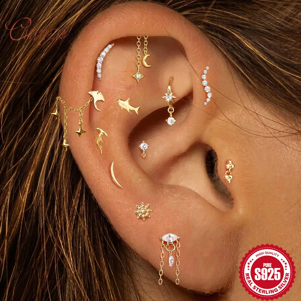 

Canner 925 Sterling Silver Korea Tassel/Bend moon Stud Earring For Woman 18K Gold Plate Flat Back Piercing Earring Jewelry