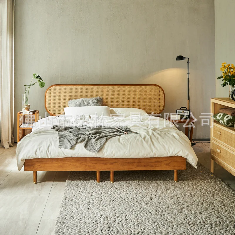 

Nordic Natural Rattan Double Bed Homestay Modern Simple Rattan Bed Creative Home Bedroom Solid Wood Bed 1.8 meters