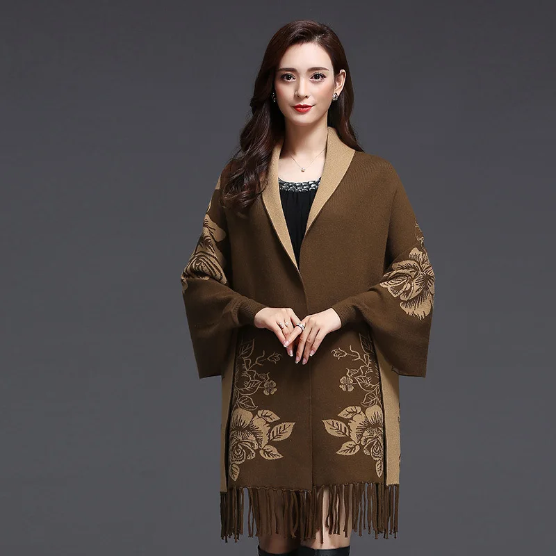 

10 Colors Women Tassel Cardigan Long Batwing Sleeves Loose Capes Oversize Thick Outstreet Coat Autumn Printed Floral Poncho