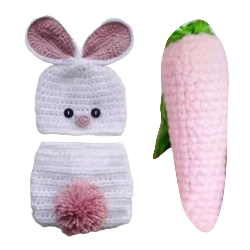 

B2EB Cosy Rabbit Hat and Pants Set Comfortable Outfit Woolen Yarn Hat and Pants Photoshoots Attire Props for Baby Infants