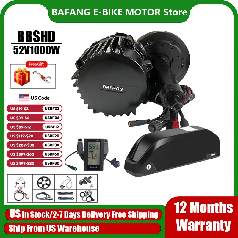 BAFANG BBSHD 1000W 52V Mid Drive Motor Bicycle Electric Bike Conversion Kit with 52V 20AH Battery for E-bike