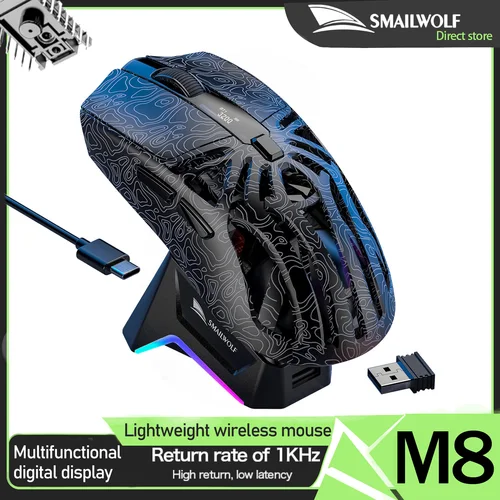 Ratón inalámbrico Bluetooth SMAILWOLF M8, tres modos, ligero, juego de deportes electrónicos, carga magnética RGB, ratón para juegos de 12000dpi