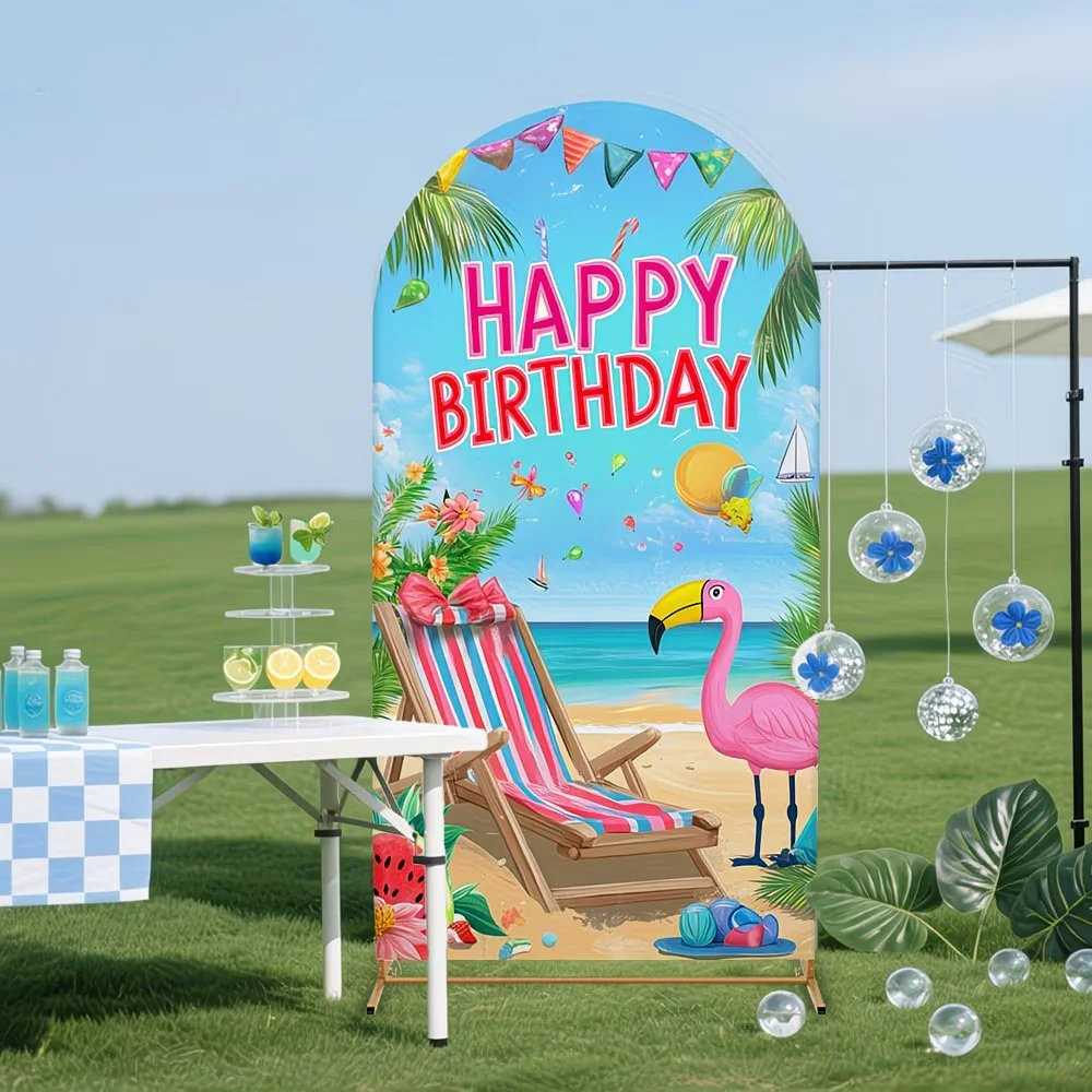 

2-sided Summer Sea Beach Happy Birthday Cake Dessert Table Background Flamingo Tropical Seaside Backdrop Chiara Arch Cover Props