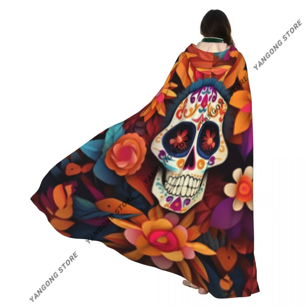 

Day Of The Dead Sugar Skull Hooded Cloak Coat Halloween Cosplay Costume Vampire Devil Wizard Cape Gown Party