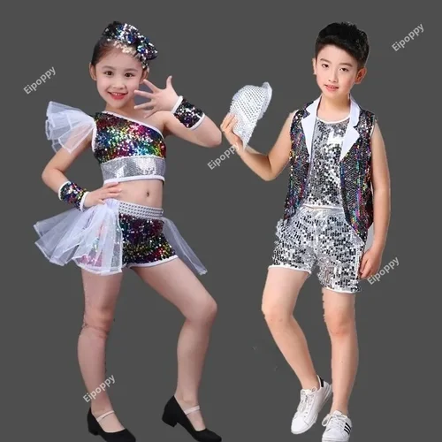 Ropa de baile para niñas, trajes de baile callejero de Jazz, modelo moderno para niños, faldas de disfraces de lentejuelas de pasarela
