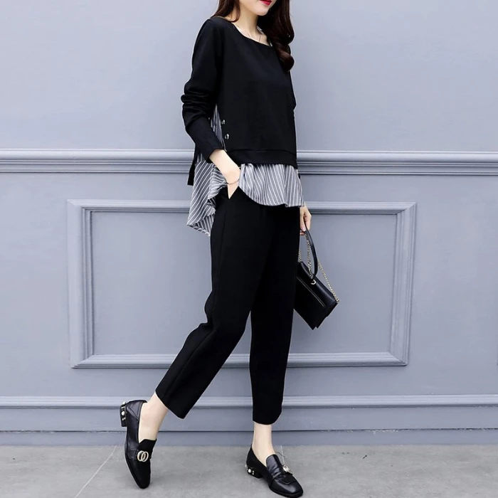 Completo sportivo casual coreano a due pezzi da donna taglie forti, modello slimming che nasconde la pancia, per l'autunno, ideale per le sorelle curvy