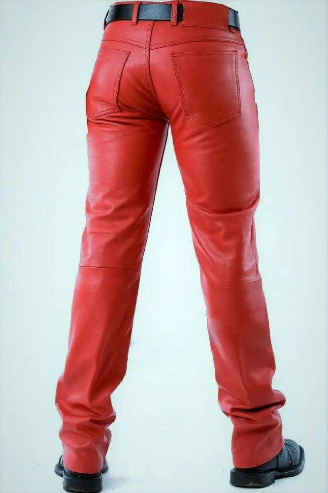 Pantalones de piel de cordero auténtica para hombre, Vaqueros rojos de cuero, novedad de 100%