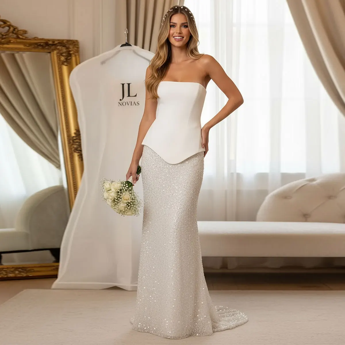 

Romantic Sparkly Mermaid Wedding Dresses With Scraf 2025 Strapless Satin Sheath Bridal Party Gown For Bride Vestidos Novia