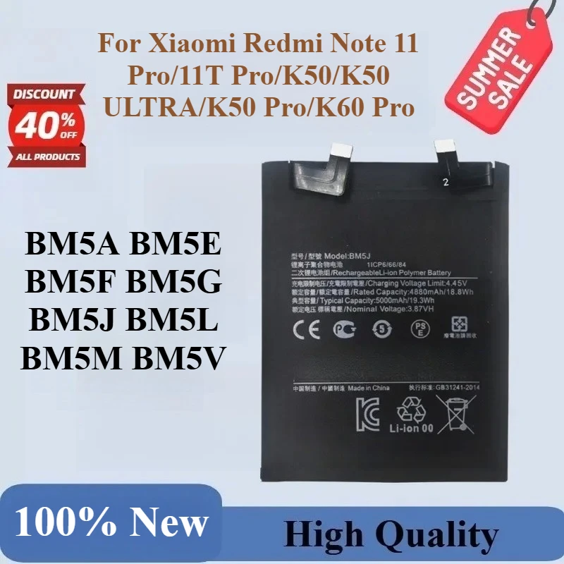 

100%New BM5A BM5E BM5F BM5G BM5J BM5L BM5M BM5V Phone Battery For Xiaomi Redmi Note 11 Pro/11T Pro/K50/K50 Pro/K50 ULTRA/K60 Pro