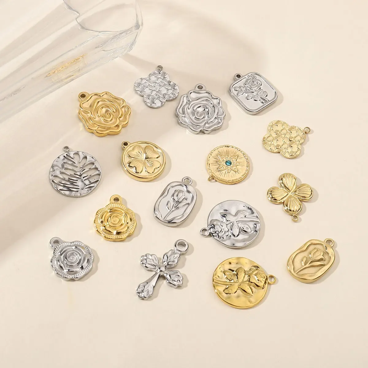 3pcs/Lot Mirror Polish Rose Clover Charms Stainless steel leaf Flower DIY Pendant For Women Jewelry Making Accessories