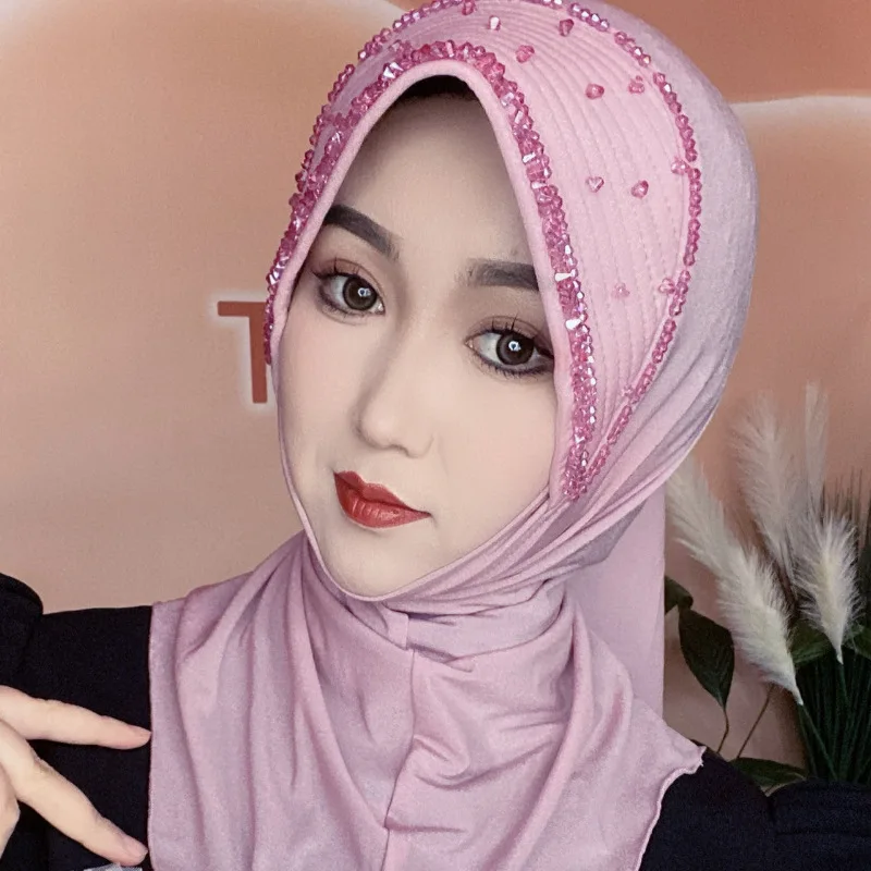 Ethnic Headscarf for Muslim Women Soft Brim Sponge Winter Pull-on Scarf Head Cover Diamond Tassel Elegant Beading Female Hijabs