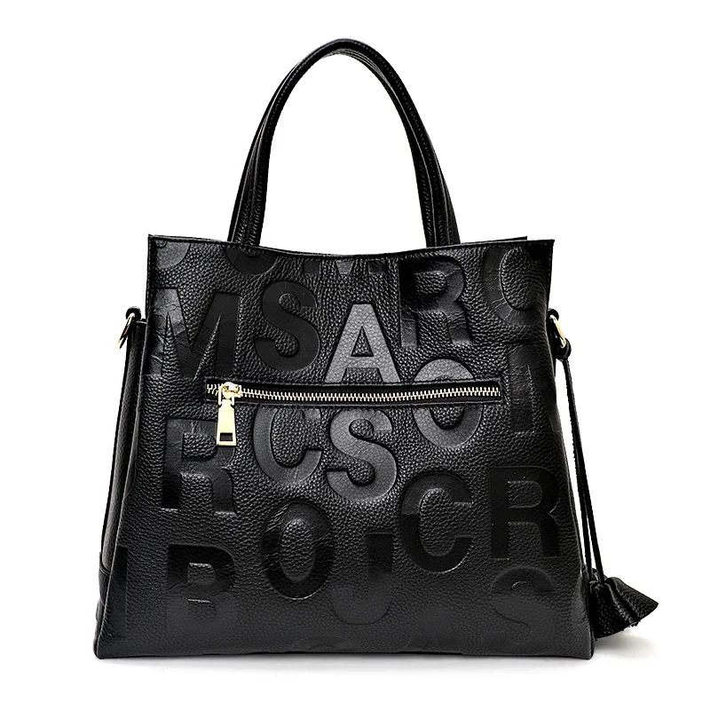 Aidrani Soft Cowhide Handbag for Women, 3D Raised Letter Embossed Tote, Large Capacity Top Handle Shoulder Crossbody Daily