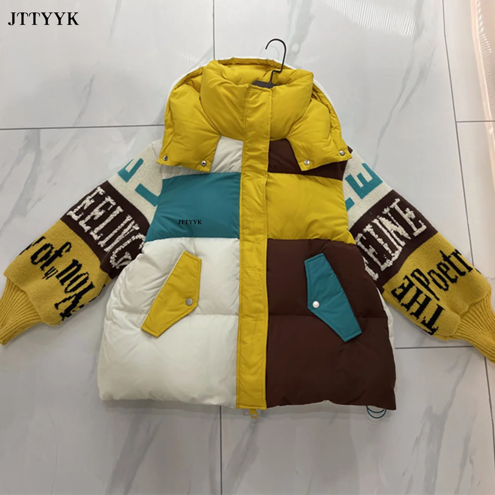 Streetwear Letter Stitching Fashion Down Jacket Women\'s New Hooded Parka Loose Winter Down Coat Female Thick Casual Warm Clothes