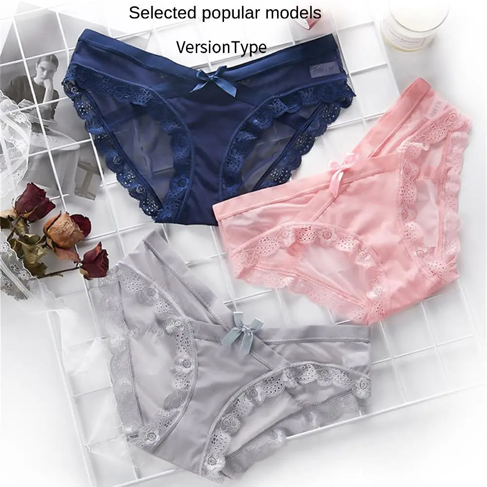 Ultra-thin Women's Underwear Sexy Lace Panties Women's Summer Pure Cotton Briefs Non-marking Mesh Low Waist Large Size Girl Bow