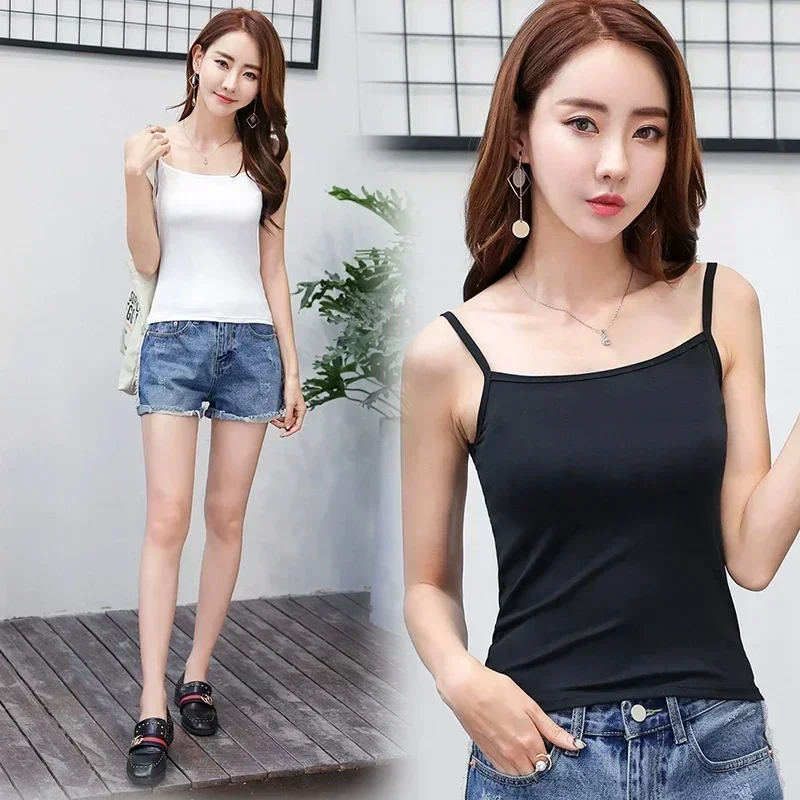 Women Sexy Sling Camisoles Crop Tops Solid Color Sleeveless T-shirt Base Tee Tops Skinny Vest Female Slimming Tanks Underwear