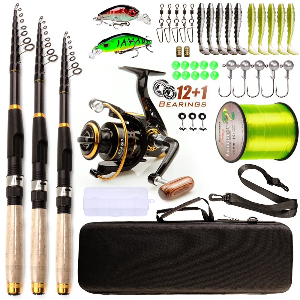 Fishing Rod and Reel with Fishing Bag 1.8m-3.6m Carbon Fiber Max Pull 3.5kg Telescopic Rod and 5.2:1 Gear Ratio Spinning Reel