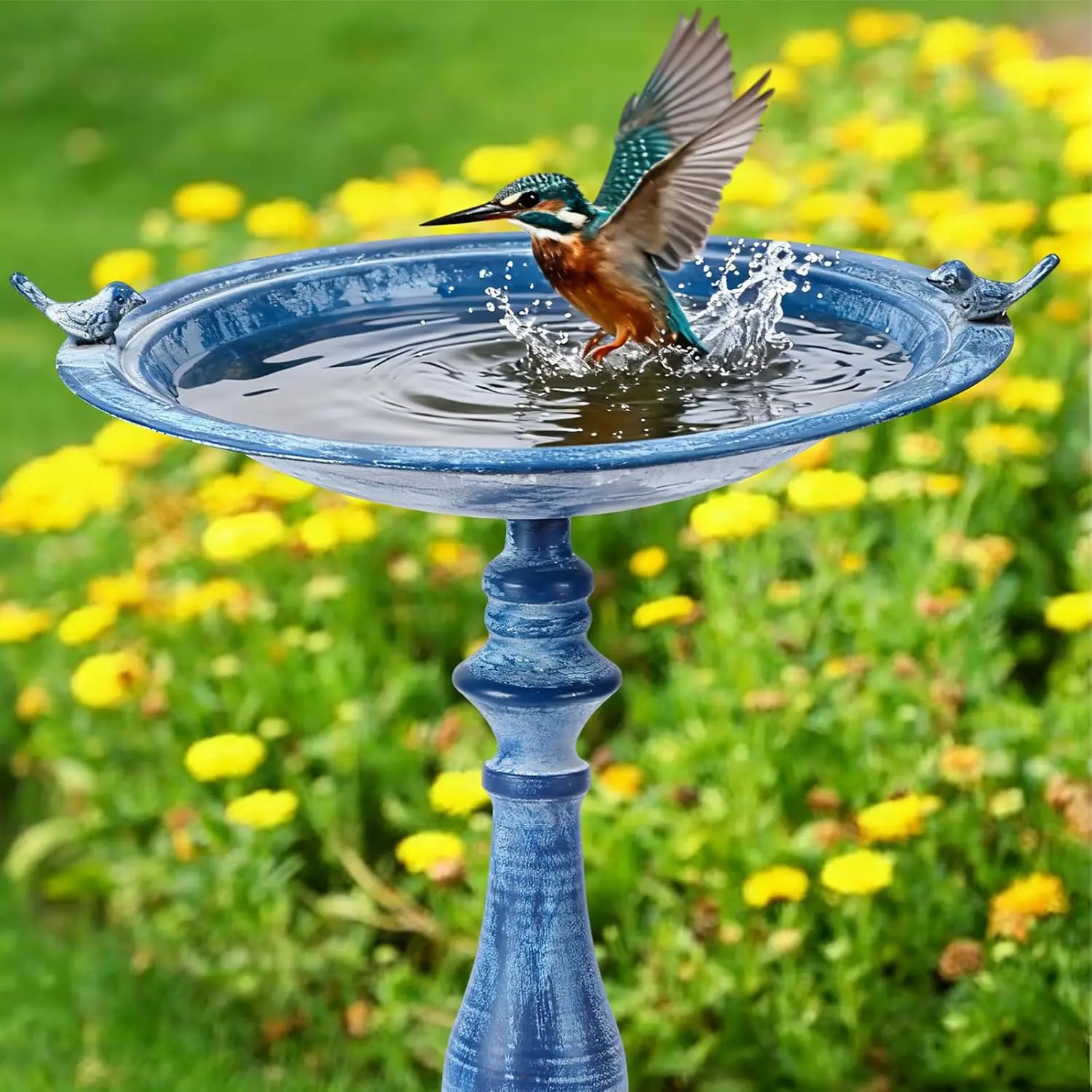 حمام طيور معدني أزرق عتيق مقاس 27.25 بوصة مع طيور من الحديد الزهر، ديكور للحديقة الخارجية، مقاوم للصدأ