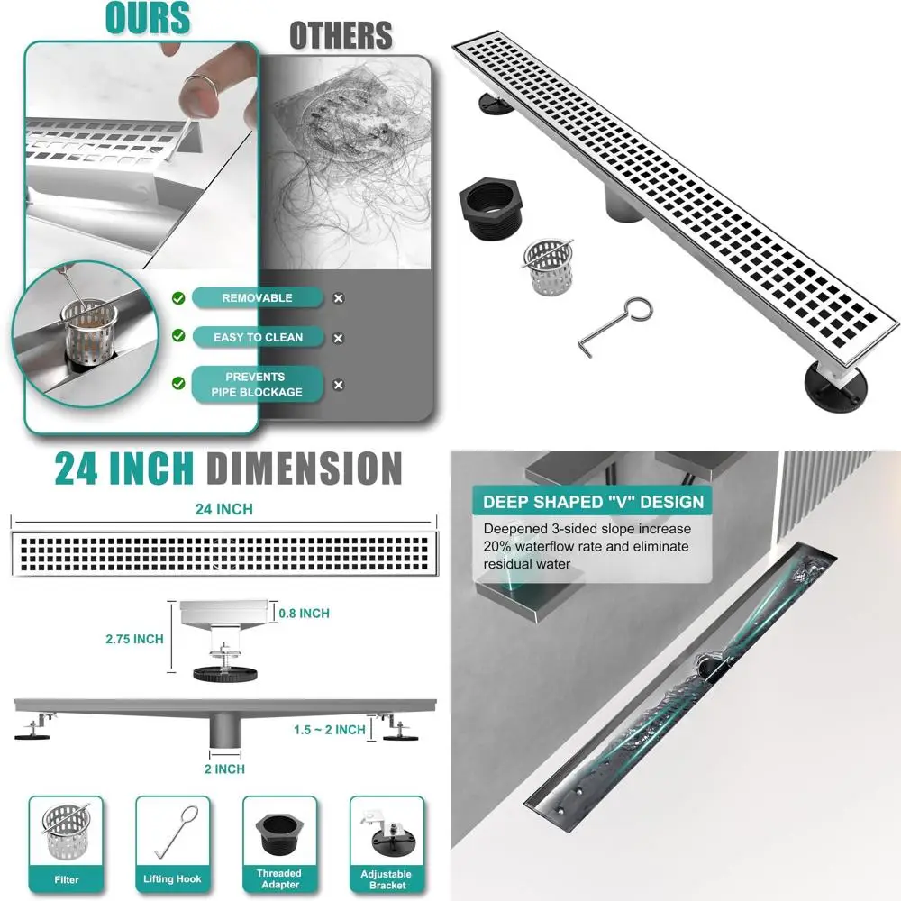 

24 Rectangular Shower Drain with Detachable Square Grid and Hair Strainer, Brushed Nickel, 304 Stainless Steel, CUPC Certified