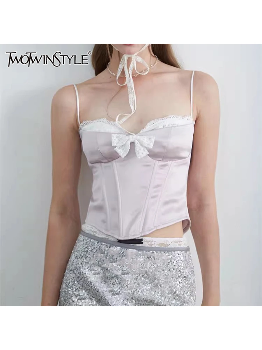 

TWOTWINSTYLE Hit Color Slimming Spliced Lace Vests For Women Strapless Sleeveless Tunic Temperament Vests Female Fashion Style