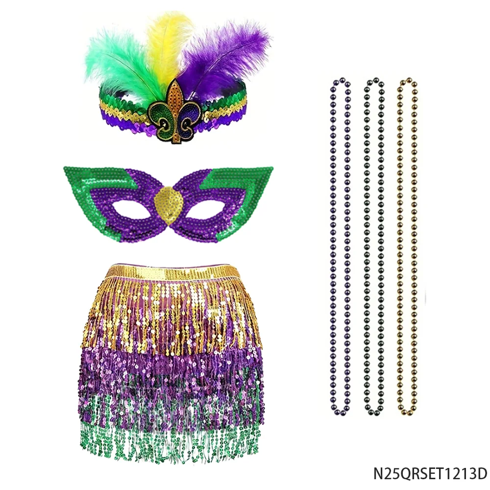 

Костюмный комплект PESENAR Mardi Gras: юбка с пайетками и бахромой, повязка на голову с перьями, маска, бусы с бисером, аксессуары для вечеринки