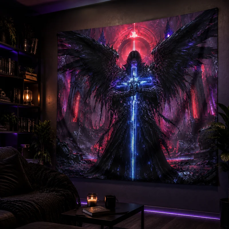 VIKAMA “Hell's Ruins Castle” Dark Angel Tapestry, “Magical Holy Sword” Gothic Warrior Wall Hanging, Halloween Wall Decorations