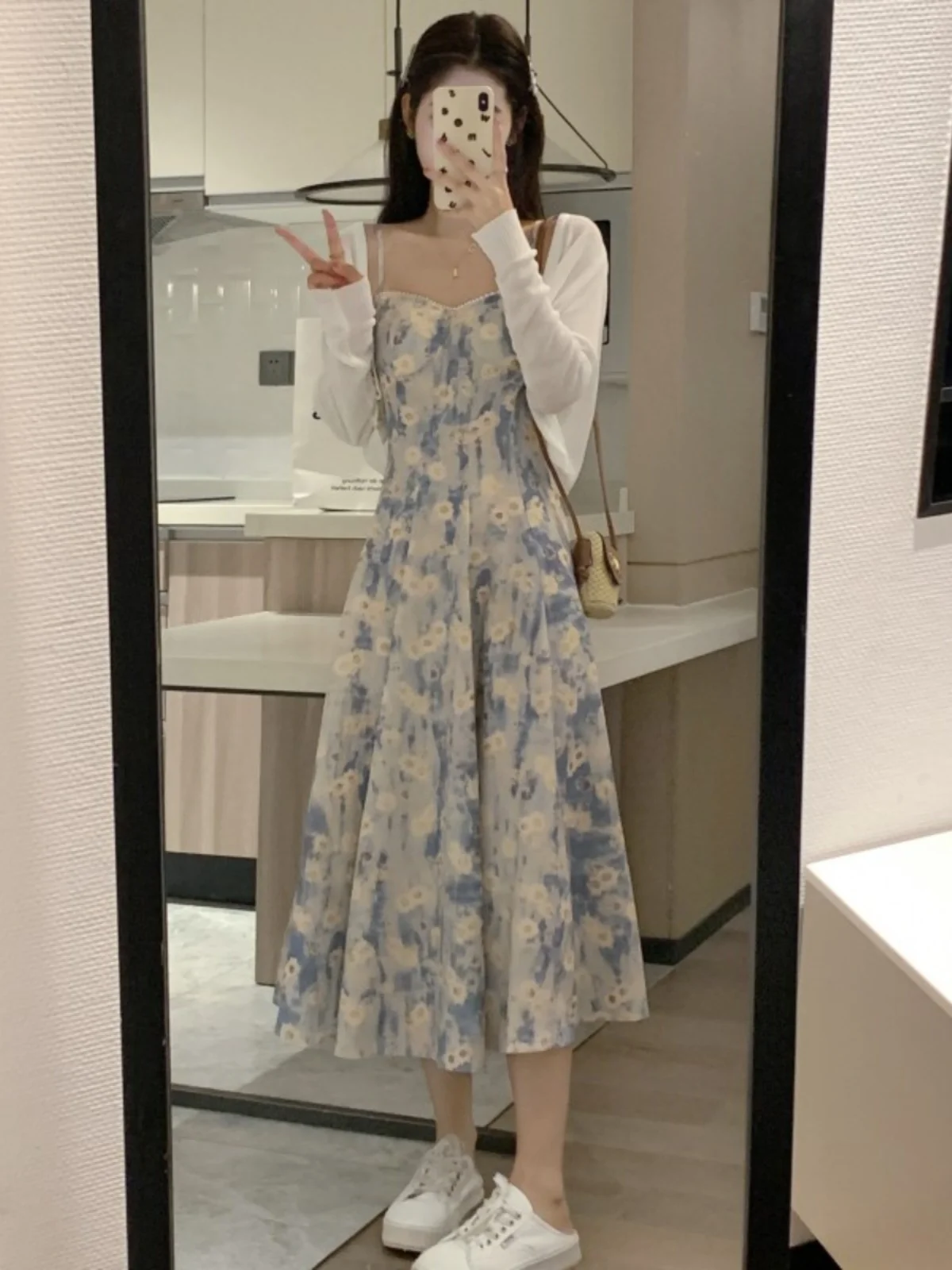 2024 Summer Blue Oil Painting Floral Print Beach Vaion Long Dr Women's Strapl High Waist A-Line Midi Skirt Set