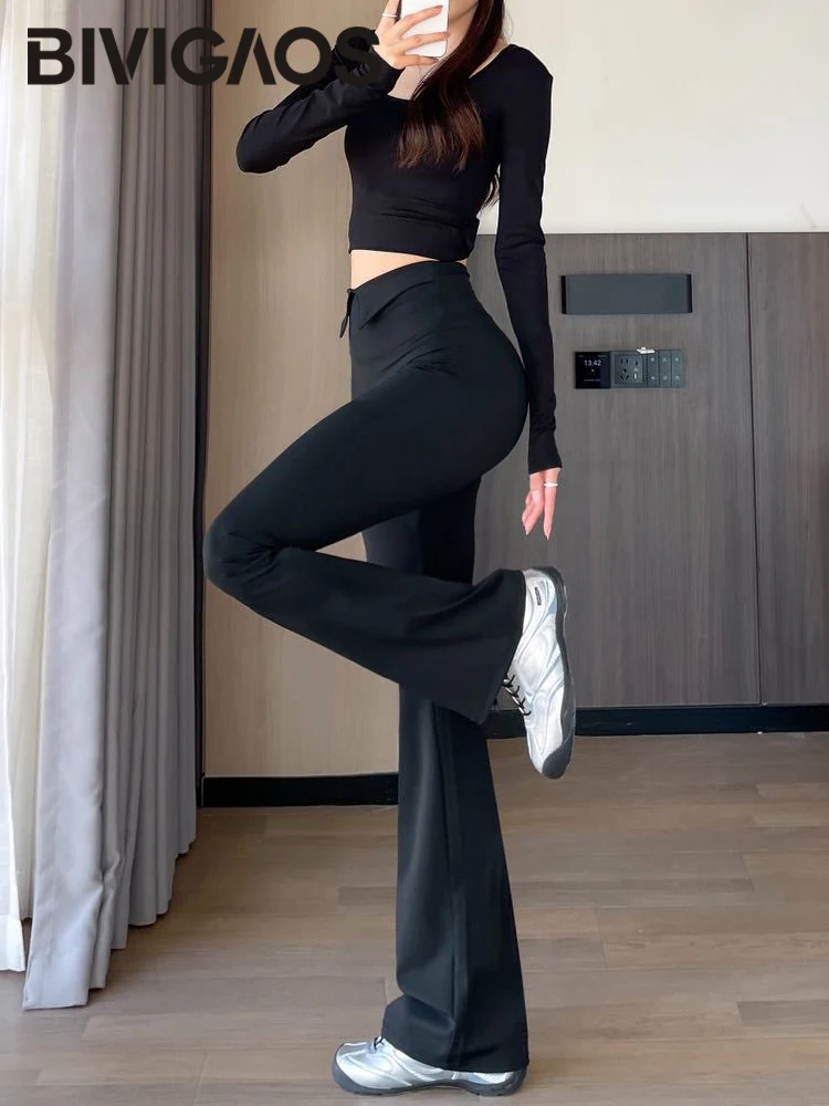 BIVIGAOS 2026 Spring Autumn New Waist Revers Collar Micro Flared Leggings Women's High Waist Casual Fashion Slim Trumpet Pants