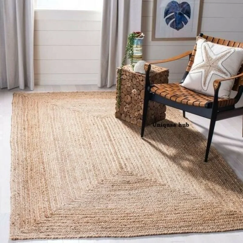 100% Natural Jute Home Living Room Decorative Polyester Floor  Handmade Double-sided Modern Living Area Carpet Outdoor Carpet