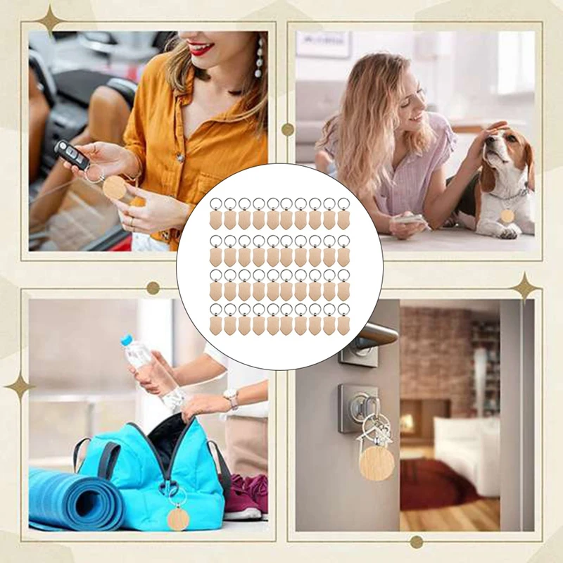 50 Pieces Blank Wooden Key Tag Key Engraving Blanks Unfinished Wood Keychain Key Ring Key Tags For DIY Crafts Style 3