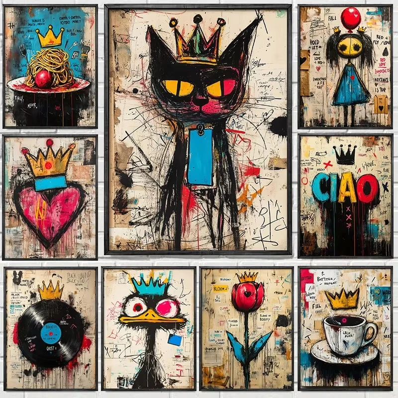 Urban Street Graffiti Crown Artwork Poster Vibrant Modern Abstract Canvas Painting Punk Aesthetic Wall Art for Room Home Decor