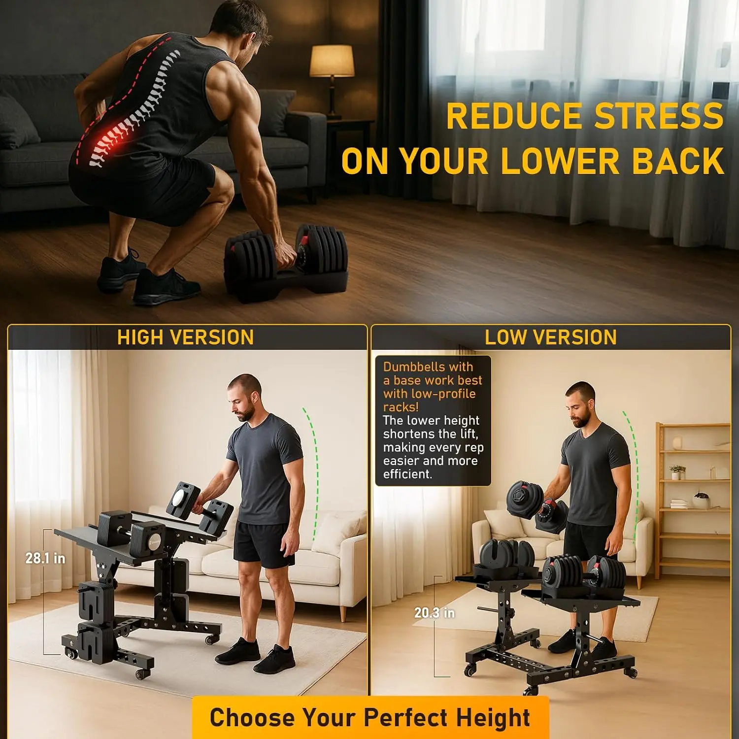 Adjustable Dumbbell Rack & Weight Rack, Holds 440lb, Low/High