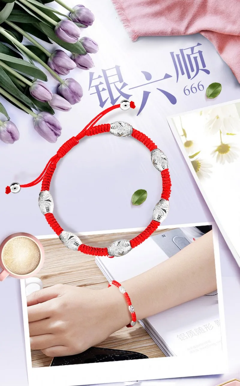 BOCAI S990 Pure Silver Transfer Beads Zodiac Sign Woven Red String Bracelet for Men and Women Birthday Gift