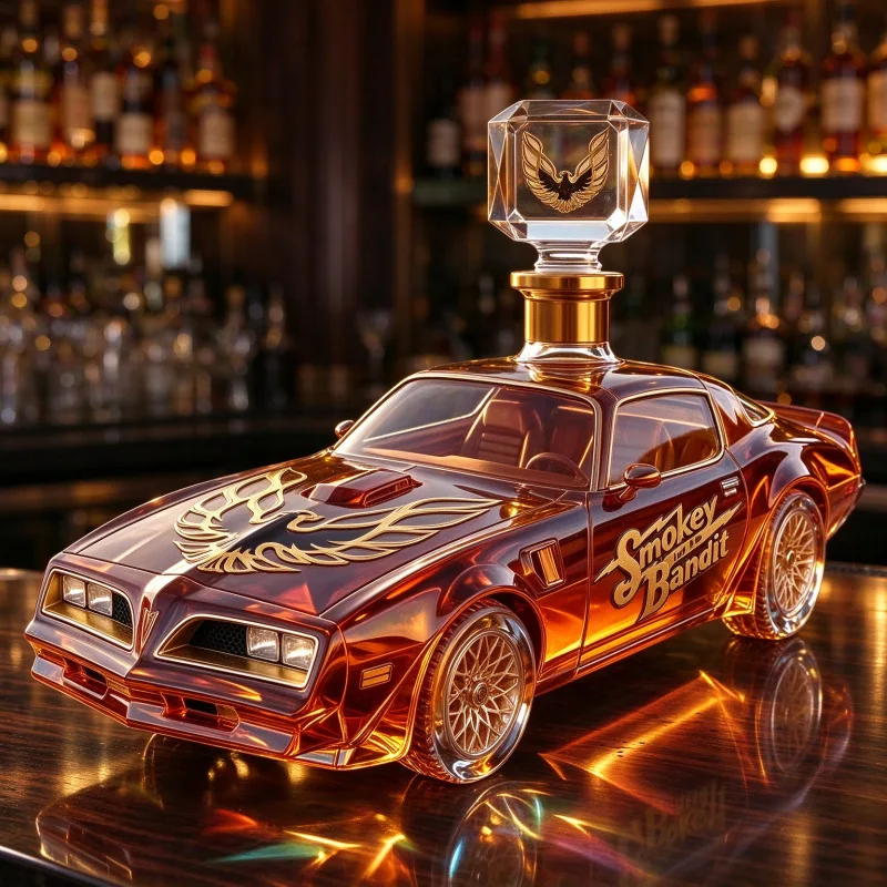 Vintage Muscle Car Glass Whiskey Decanter Smokey and the Bandit Inspired Liquor Bottle for Home Bar Decor and Collectors Gift