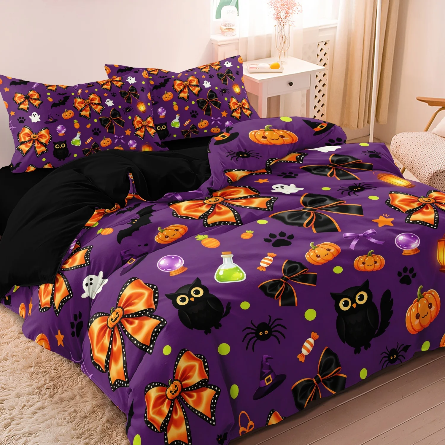 3pcs Purple Bow Pumpkin Owl Ghost Spider Print Duvet Cover Bedding Set, Soft Microfiber For Family Bedrooms Dormitories Hotels