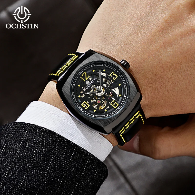 OCHSTIN Men's Genuine Leather Strap Skeleton Mechanical Watches Man Waterproof Bussines Fashion Waterproof Clock For Gentleman