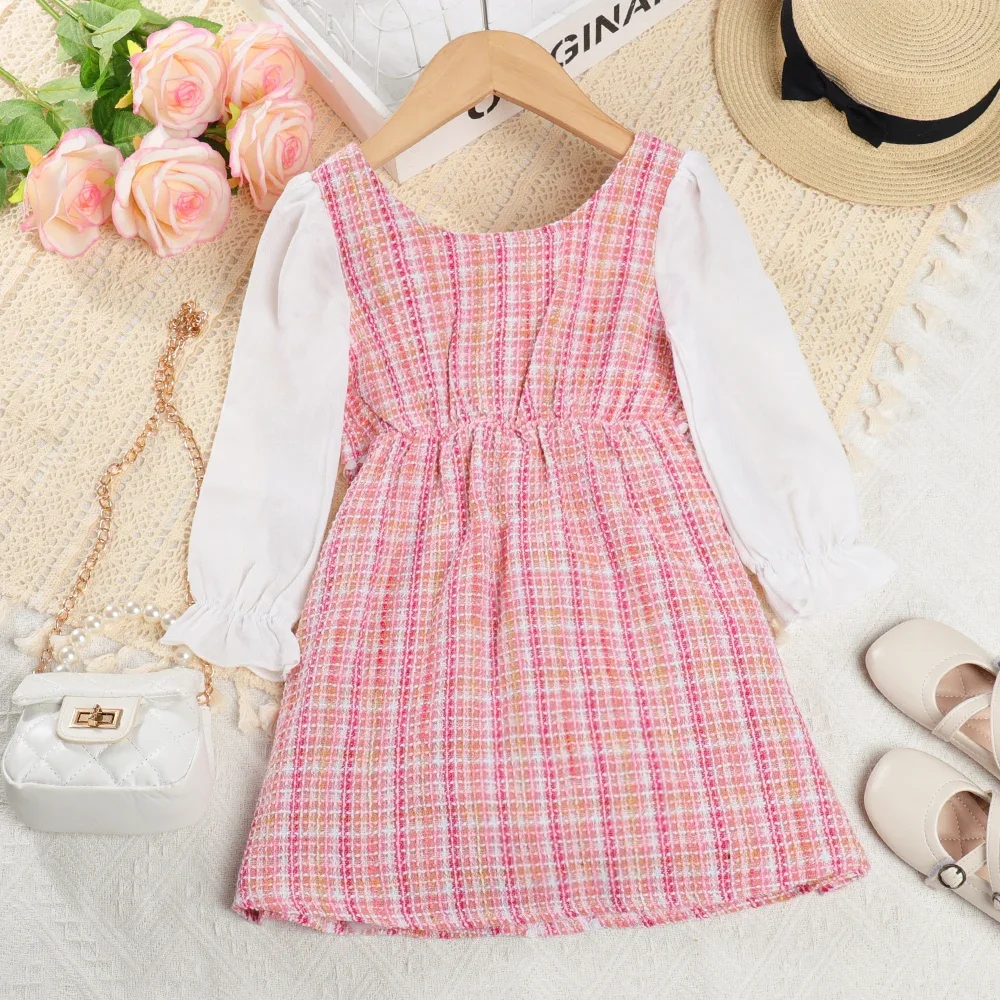 New Round Neck Plaid Lace Button Long Sleeved Dress for Girls, Fashionable Patch Dress for Girls