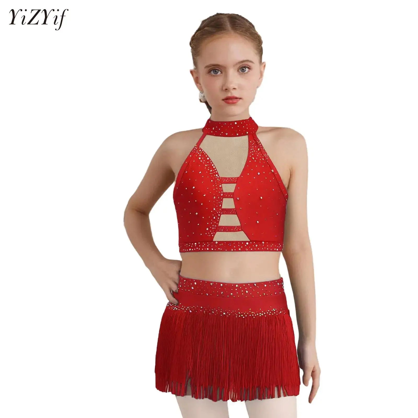 

Kid Girls Gymnastics Set Ballet Dance Suit Latin Ballroom Tango Rumba Chacha Performance Costume Rhinestones Crop Top+Skirts