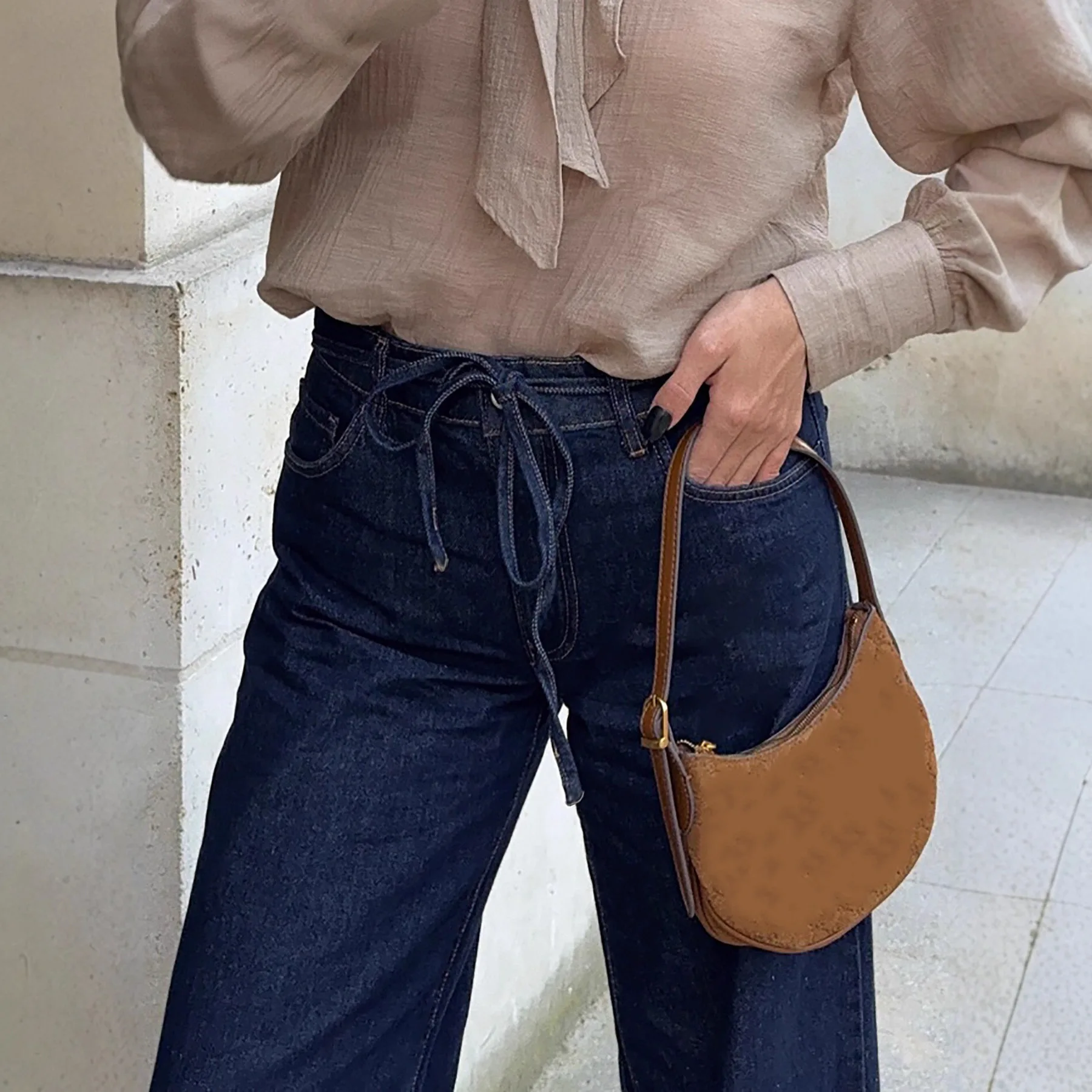 Denim Jeans Women Solid Jean Lace Up Pocket Full Length Zipper Fly Mid Waist Wide Leg Pants Loose Casual Streetwear 2025 Autumn