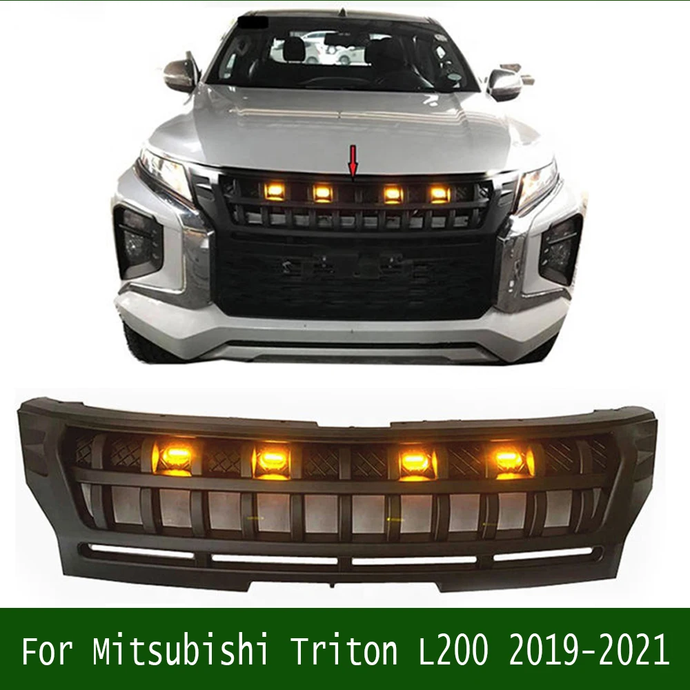 For Mitsubishi Triton L200 2019-2021 Front Racing Grilles Pickup Modified Front Face Decorative Mesh with LED Car Bumper Grill