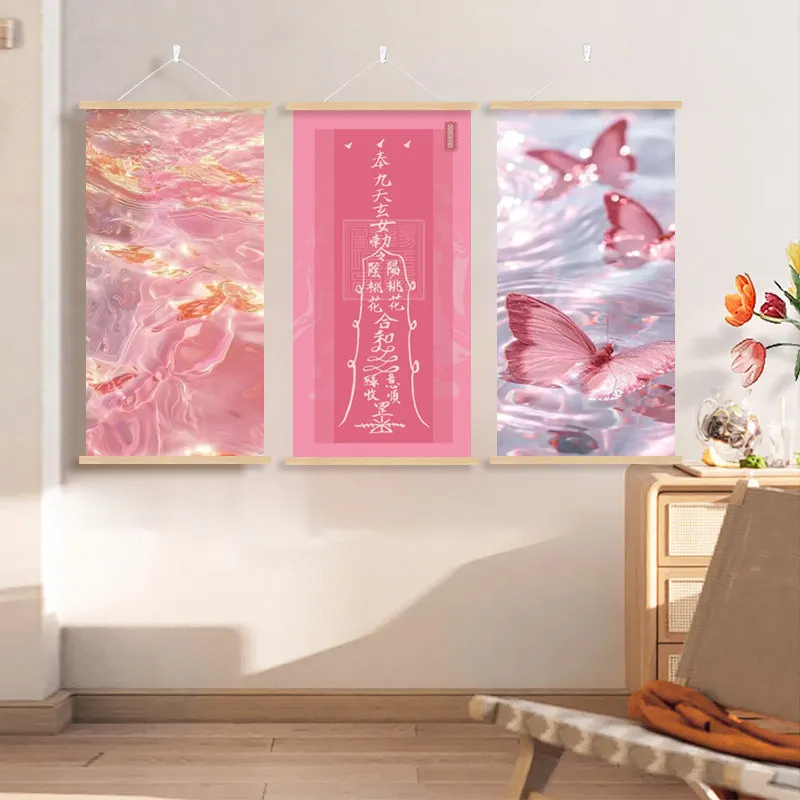 Peach Blossom Love Charm Wall Art Scroll Feng Shui Butterfly Talisman Aesthetic Room Decor for Bedroom Entrance Romance Luck