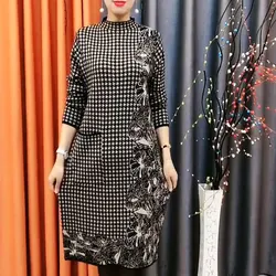 Vintage Stand Collar A-Line Dresses Female Spring Autumn Pockets Houndstooth Stylish Asymmetrical Printed Spliced Midi Dress New