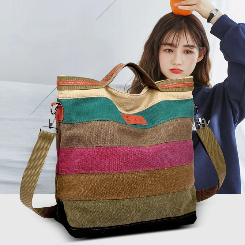 Fashion Female Shoulder Bag 2023 New Rainbow Stripes Patchwork Crossbody Bag Large Capacity Canvas Women\'s Handbags