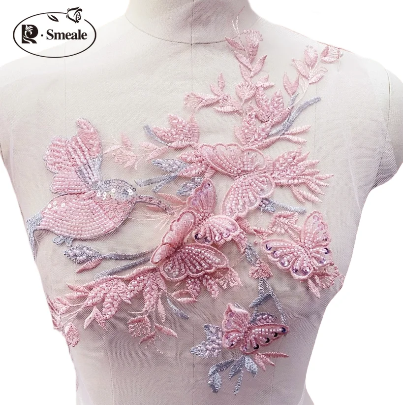 4Color 31*24CM Bird Butterfly Branch 3D Applique Sequin Tube Bead Lace Patch Dress Children's Clothing Decorative Flowers RS4228