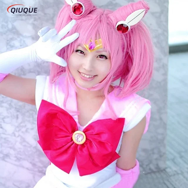 Sailor Chibi Usa Chibiusa peruki krótki różowy z przypinany kucyk żaroodporne włosy syntetyczne peruka do Cosplay + czapka z peruką