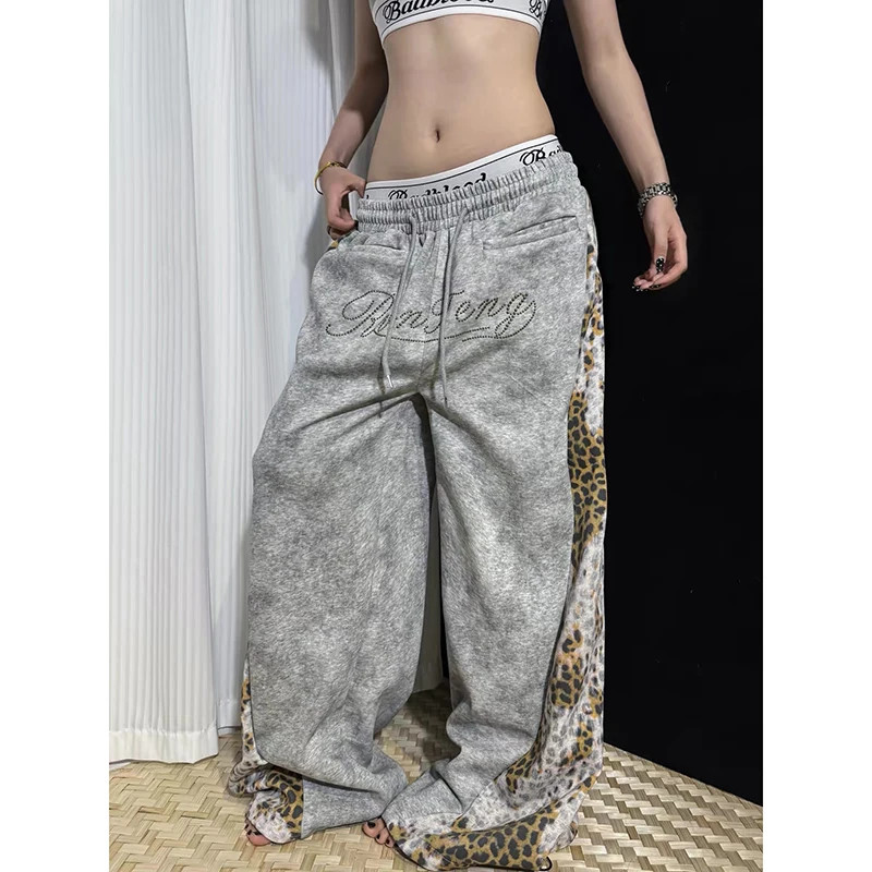 ZHIZOU Women Gray Baggy Pants Oversize Sweatpants Leopard Long Pants Harajuku Japanese 2000s Style Y2k Vintage Trousers Clothes