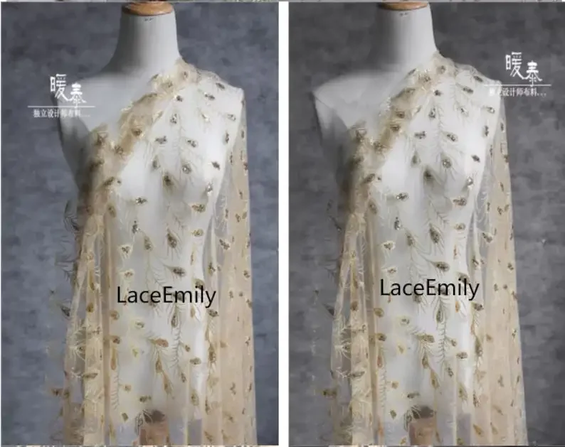 

Кружевная ткань с золотыми блестками и перьями павлина, тюлевая ткань с золотыми блестками для свадебного платья, фата, платье-пачка, детское платье, 1 ярд