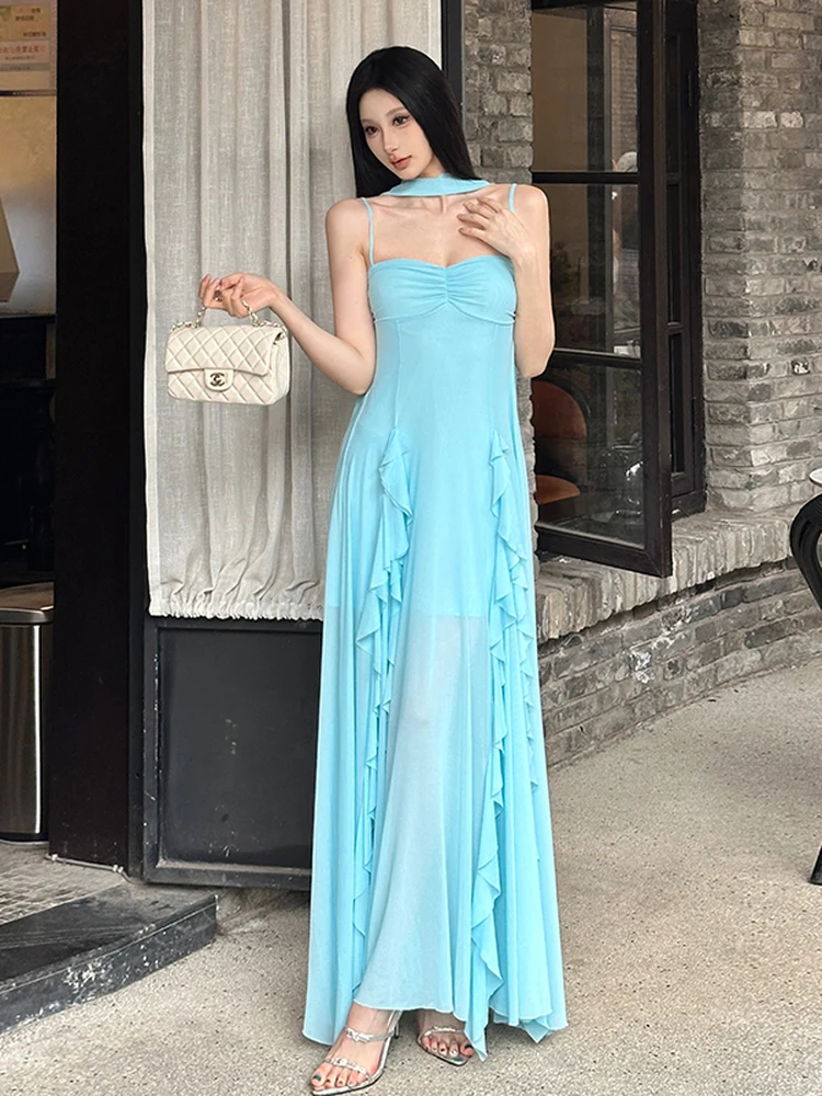 Mint Cool Fairy Girl Blue Tone Strapl Long Dr Women's Sa Drifting Gown Sweet Sle Svel Summer Season Polyester...