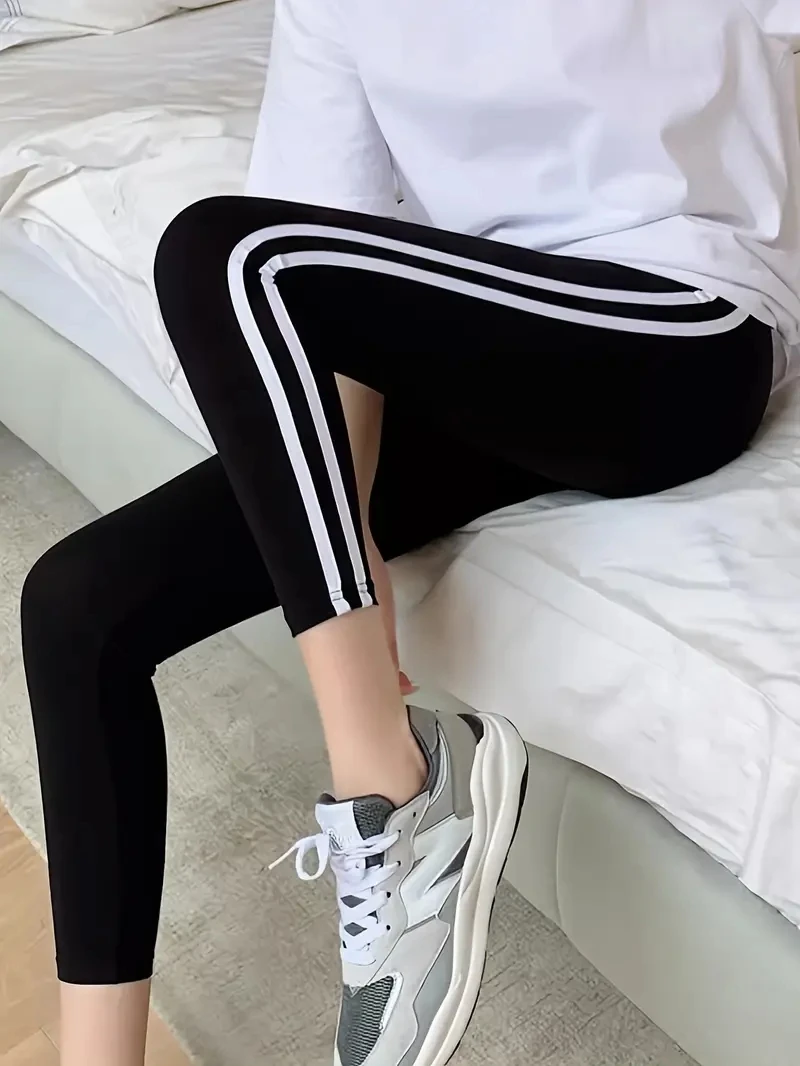 Side Stripe Two-Bar Print Seven-Point Running Yoga Fitness Pants High-Waisted Butt-Lifting Seven-Point Shaping Pants