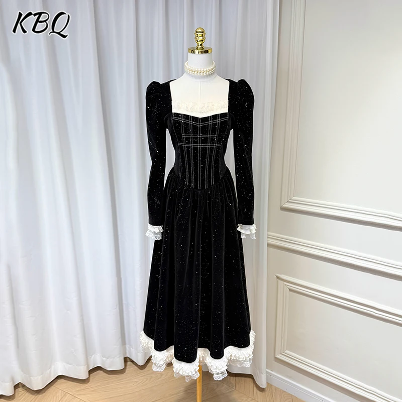 

KBQ Hit Color Slimming Dresses For Women Square Neck Long Sleeve High Waist Spliced Lace Up Temperament Elegant Dress Female New