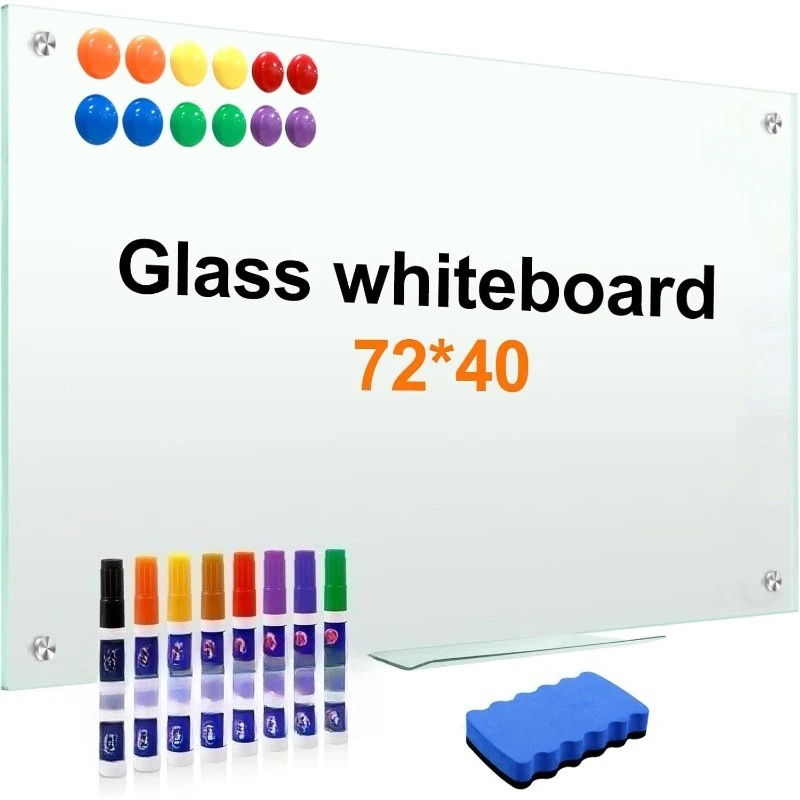 لوح أبيض للمسح الجاف للجدار مقاس 72 بوصة × 40 بوصة حامل سبورة بيضاء بدون إطار من الزجاج المغناطيسي للوازم المدرسية المنزلية أو المكتب المنزلي